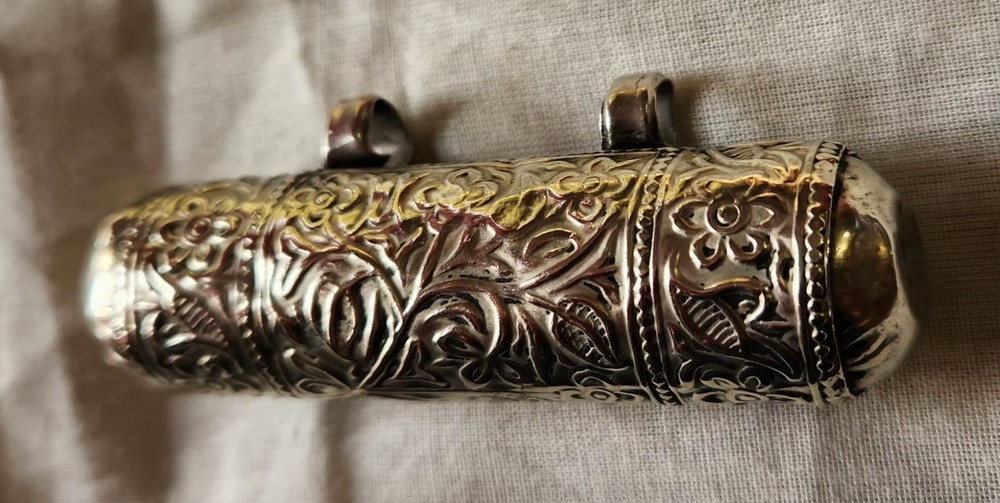Antique Silver Amulet Case, Hirz, Scroll Holder Pendant With Something Inside