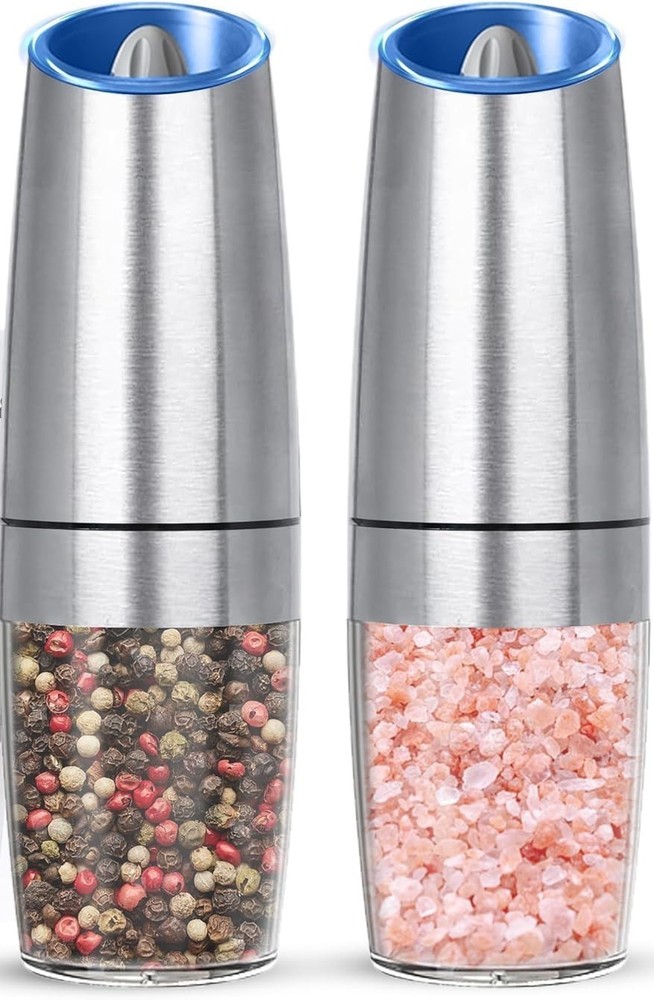 Gravity Electric Salt & Pepper Grinder Set 2 Pack Battery Powered LED - Silver.