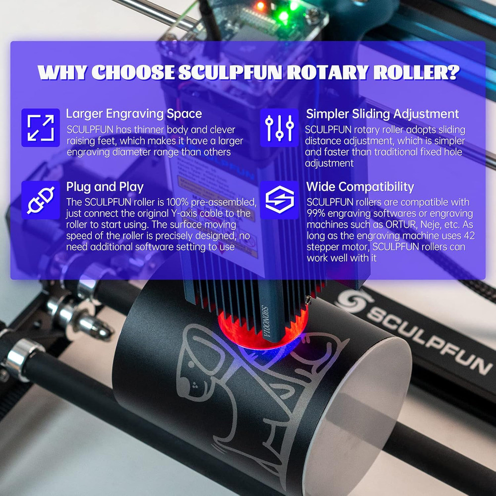 SCULPFUN Laser Rotary Roller, Laser Engraver Y-Axis Rotary Module for Engraving