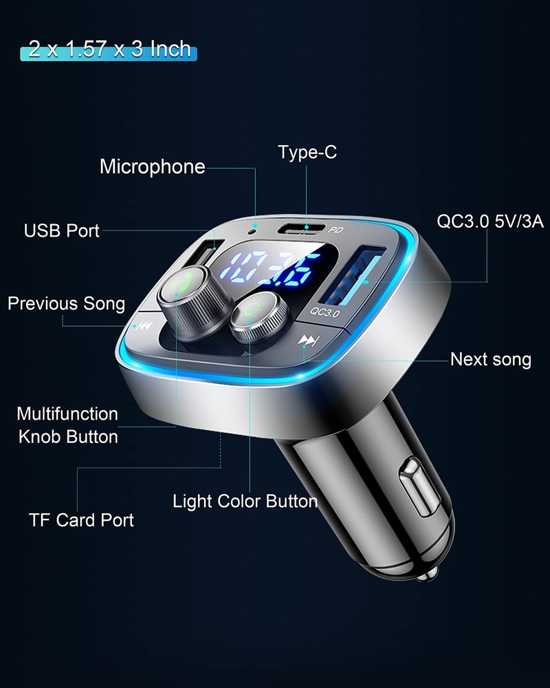 Car Adapter USB C Bluetooth 5.4 48W Fast Charging FM Transmitter for