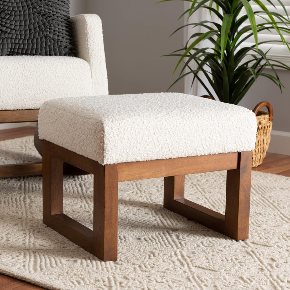 Yashiya Off-White Footstool with Walnut Brown Legs