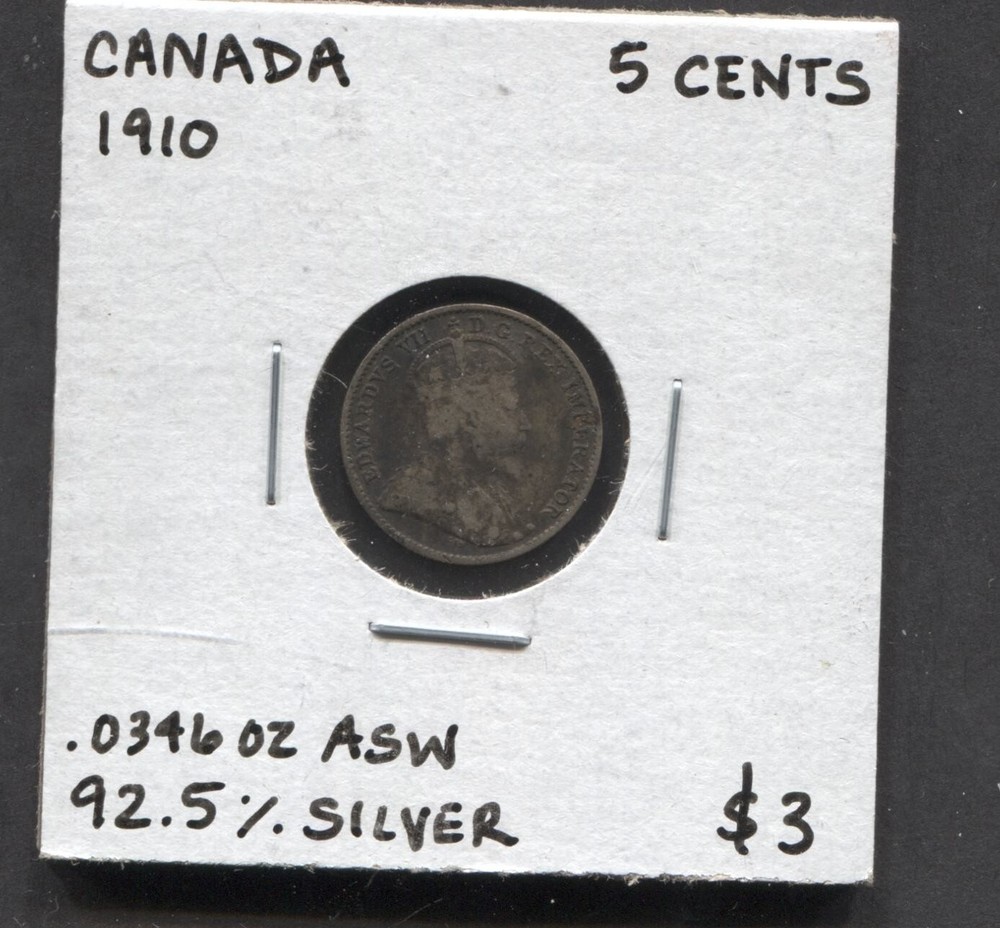 1910-Canada-5 Cents- 92.5% Silver