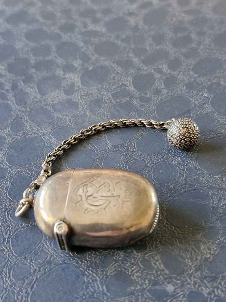 Victorian 1896 Solid Silver Vesta Case,Chester Hallmarked,William Neale + Chain.