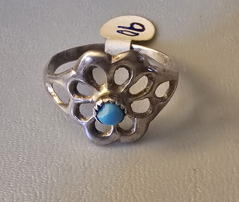 Native American Turquoise Silver Flower Ring Size 11