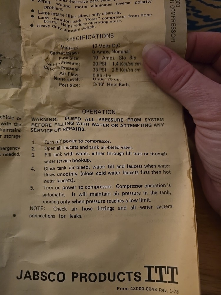 JABSCO PAR 17510-0000 Automatic Pressurizing Water System Air Pump NEW