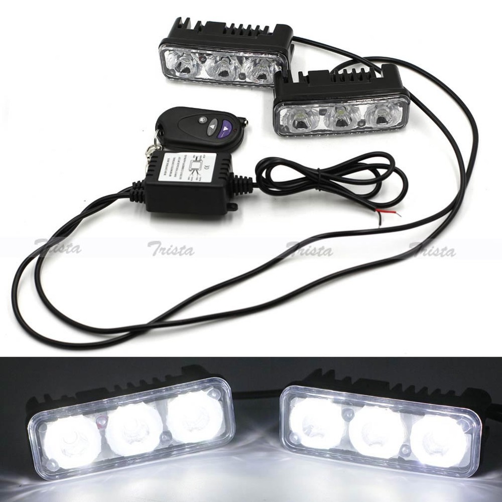2PC 3LED White Car DRL Daytime Running Light Remote Control Strobe Flash Warning