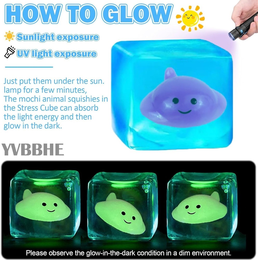Blue Squeeze Cube with Luminous Devil Fish Inside, Squishy Stress Fidget Gummy