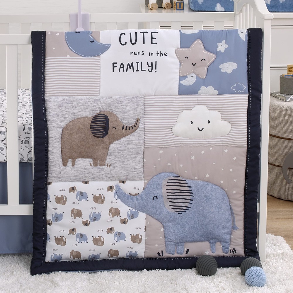 NoJo Carter's Blue Elephant - Chambray Navy Gray and White Elephant Moon