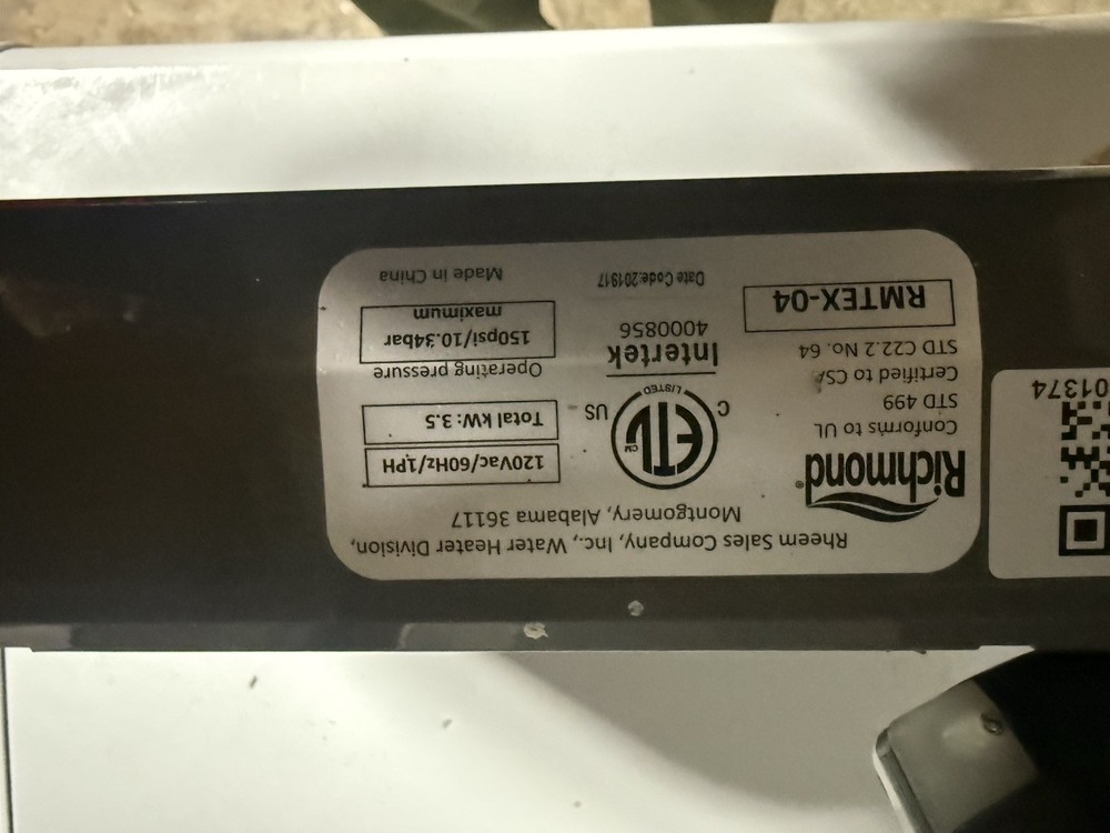Richmond Electric Tankless Water Heater RMTEX-04
