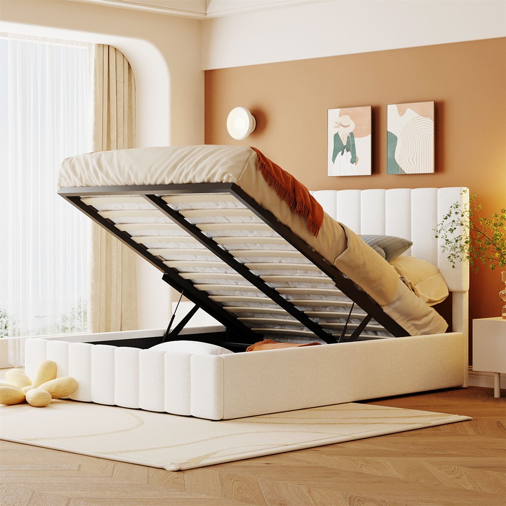 Full Size Upholstered Platform Bed Frame with Hydraulic Storage System White New