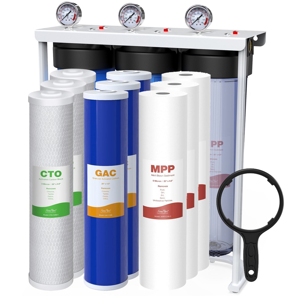 20x4.5" 3-Stage Whole House Water Filter System 5μm Big Blue Housing 150,000 gal