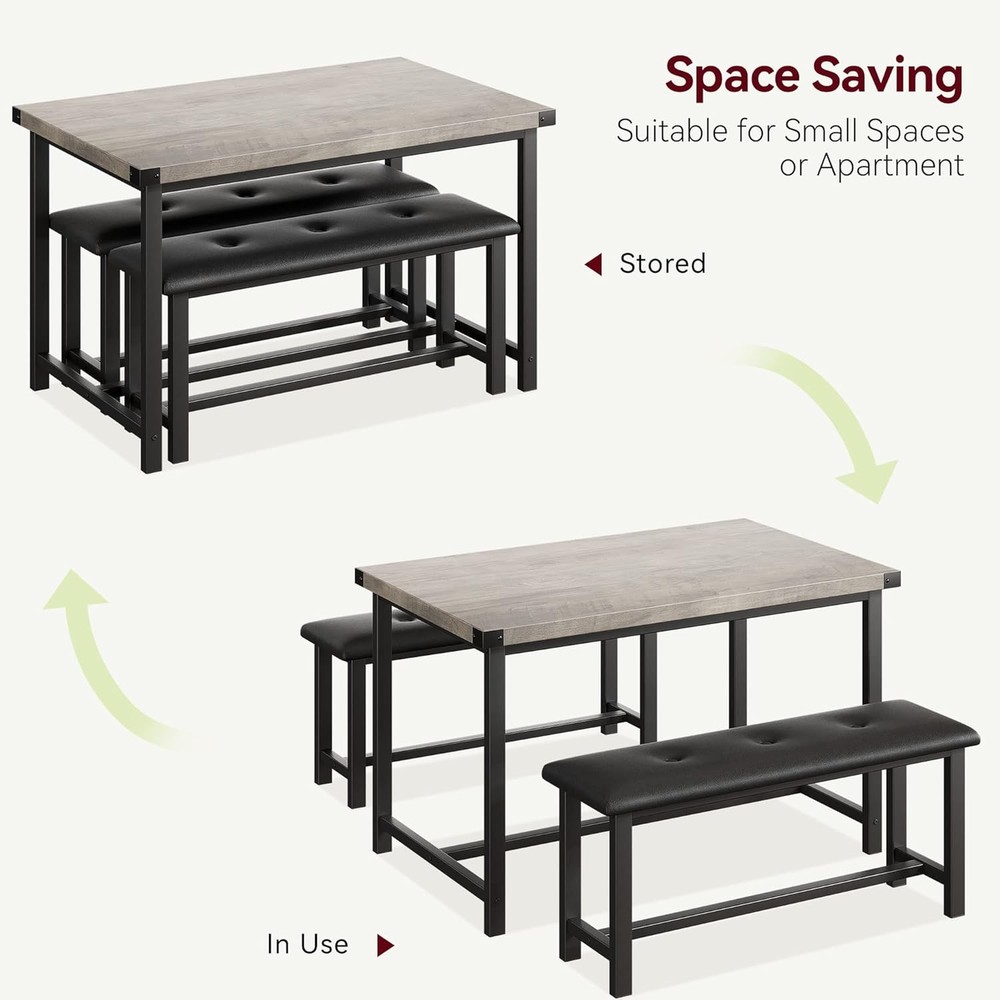 Black Dining Set Kitchen Room Table Set Dining Table and 2 Leather Benches Grey