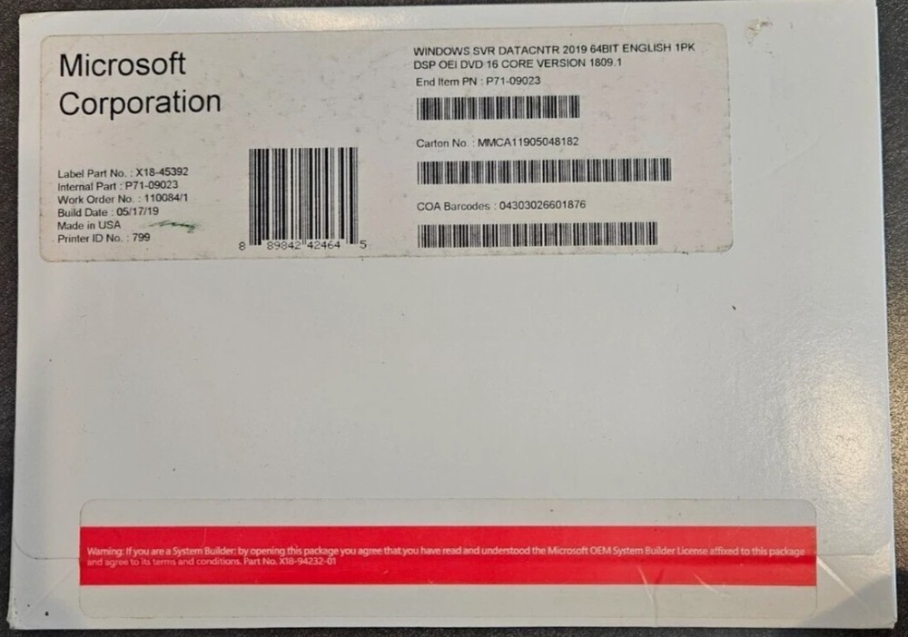Microsoft Windows Server 2019 Datacenter 16 Core BRAND NEW P71-09023