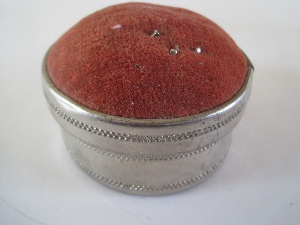 Pin Cushion w/ Thread Inside Paper Bottom Silver Tone