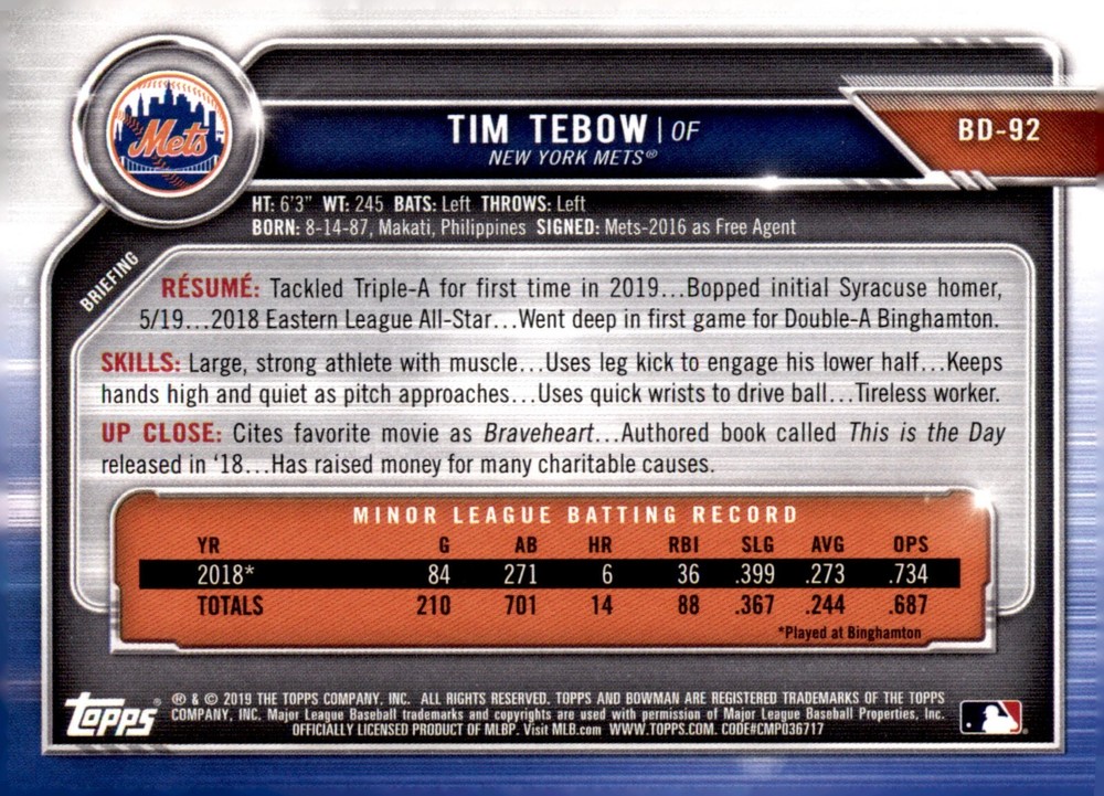2019 Bowman Draft - Tim Tebow #BD-92