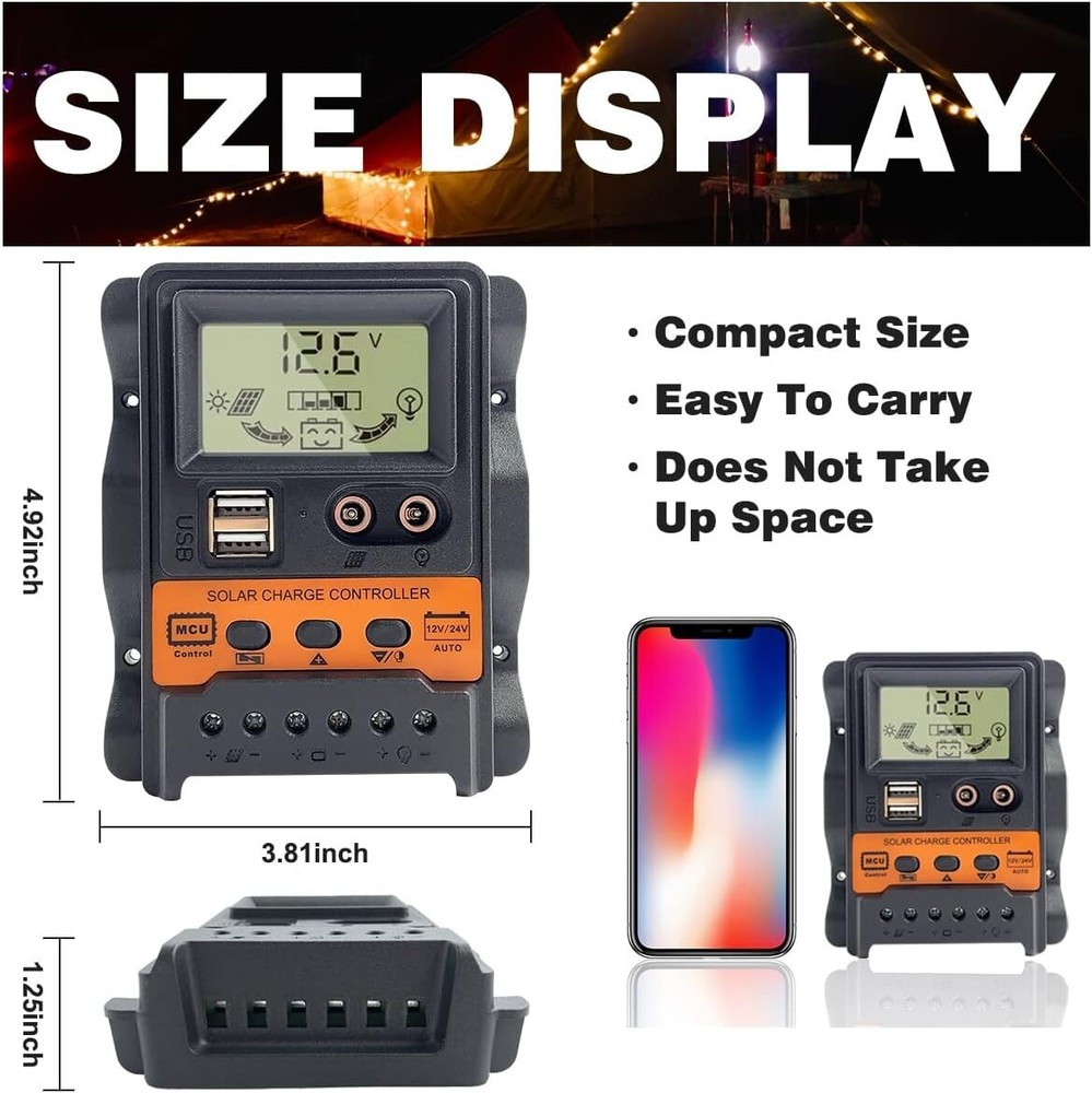 30A PWM Solar Panel Regulator Charge Controller 12/24V Auto Focus Tracking USB