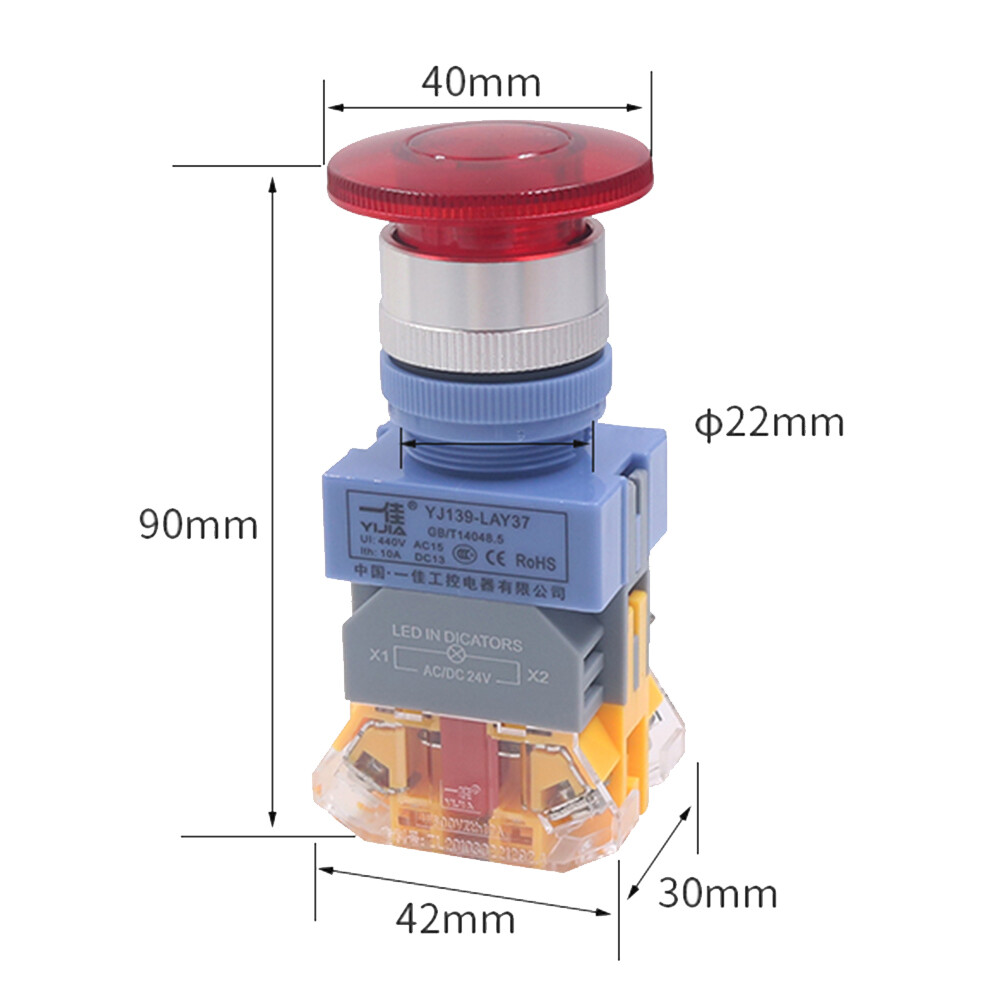 22mm Mushroom Head Switch Momentary Push Button Switch LED Illuminated Green Red