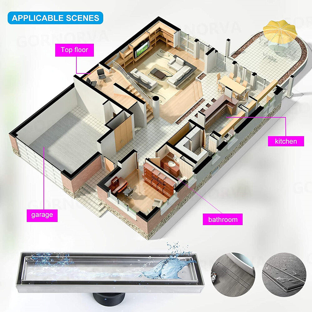 24" Linear Shower Drain Rectangular Trench Floor Drain 2-in-1 Tile Insert Cover