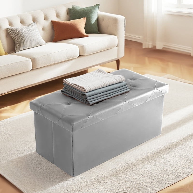 30 Inch Folding Ottoman With Storage Bench, Bedside Storage Bench With Leather