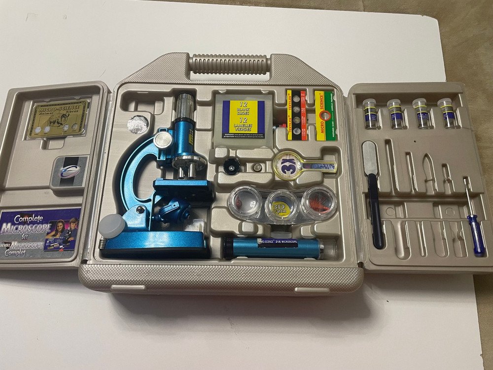 Micro-Science Complete Microscope Set Kids Science Kit Animal Fibers Tools Case
