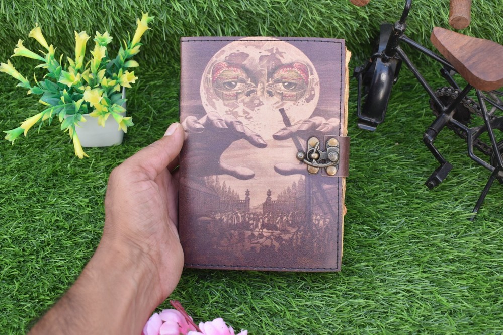 Wicca Moon Magic Witchcraft printed leather journal Deckle edge notebook 7x5"