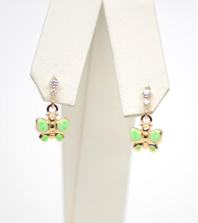 14K Solid Yellow Gold Butterfly Dangle Earring with Enamel