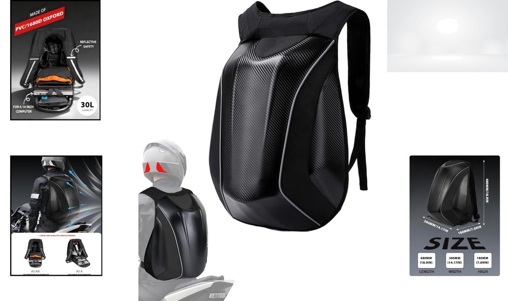 Motorcycle Backpack 30L Hardshell Carbon Fiber Pattern Waterproof Helmet Storage