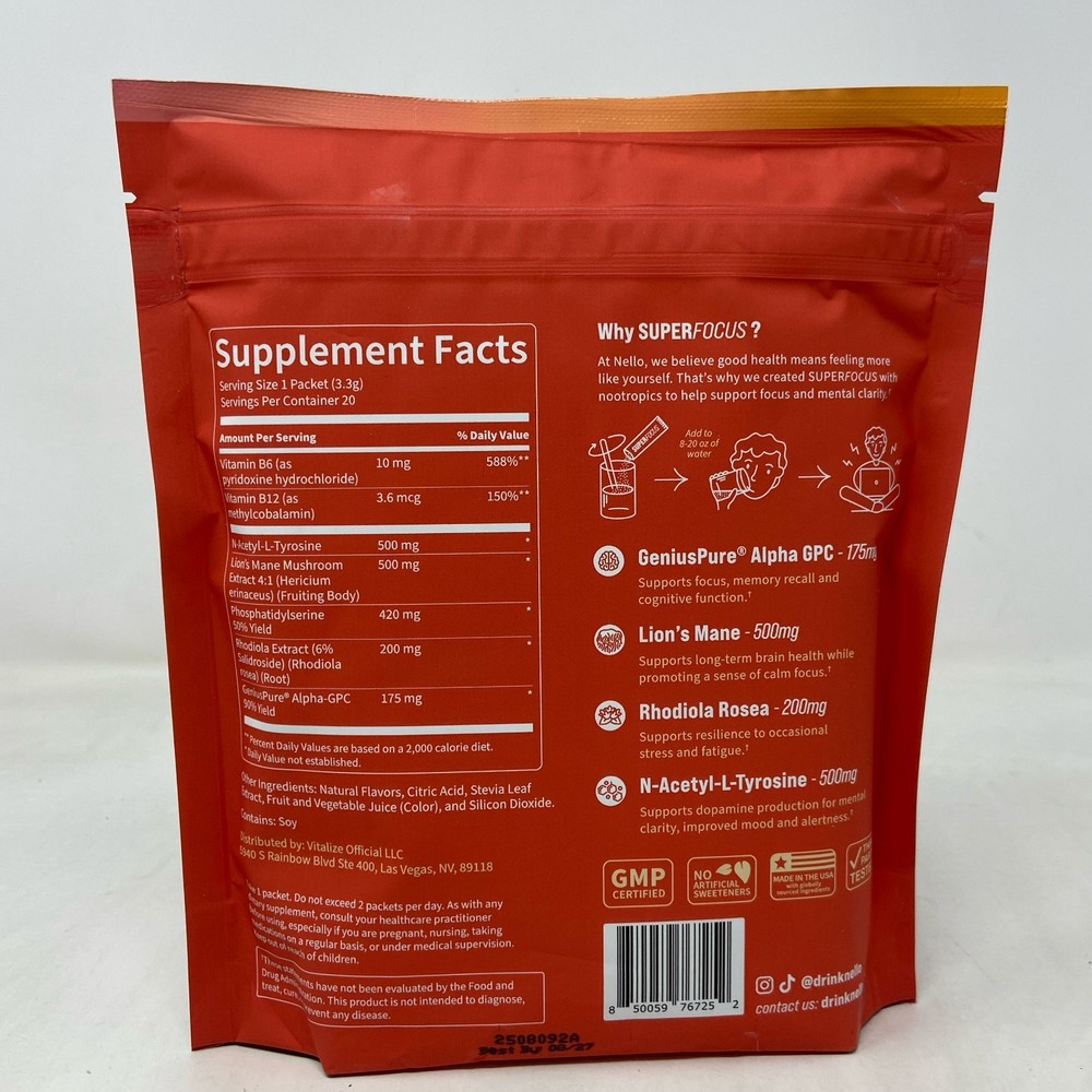 Nello SuperFocus Fruit Punch Drink Mix, 20 Packets 66g
