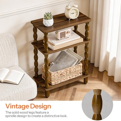Narrow End Table, 3-Tier Small Side Table with Solid Wood Legs, Skinny Walnut