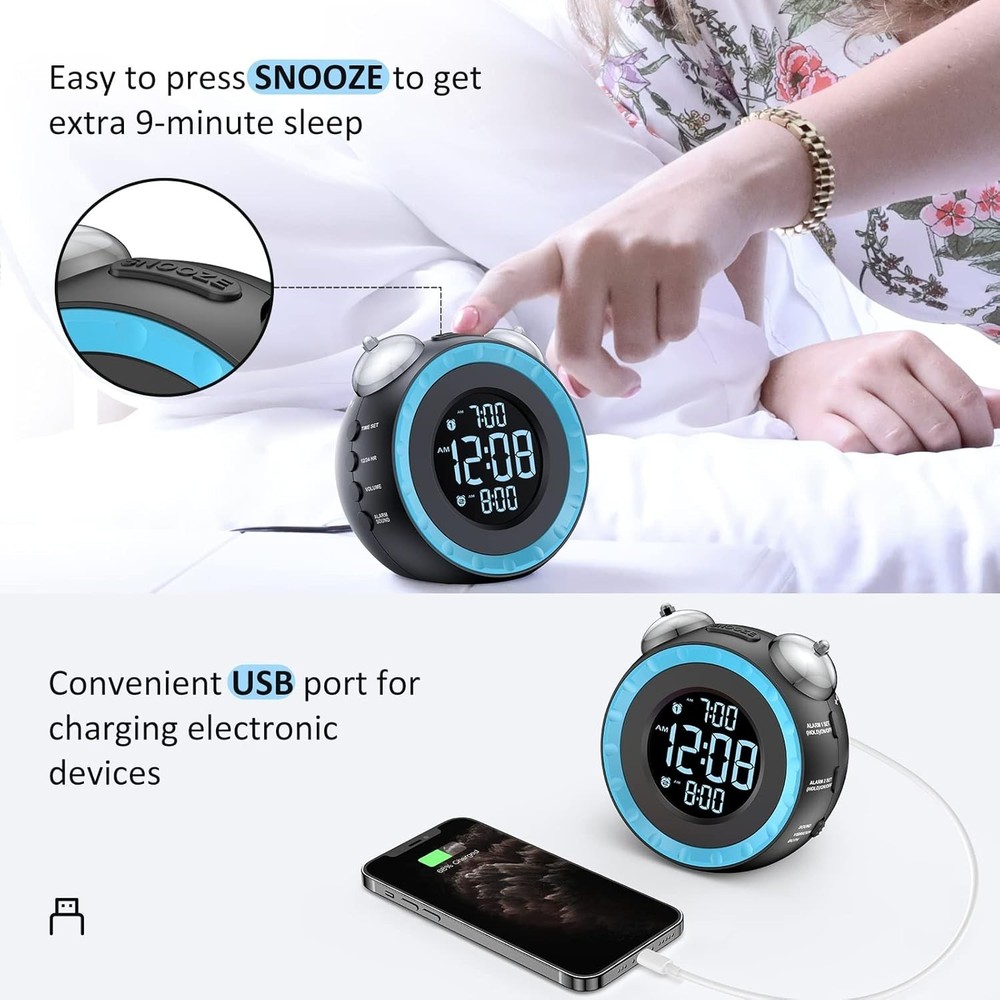 USB Alarm Clock with Bed Shaker - Customizable Brightness & Snooze Function