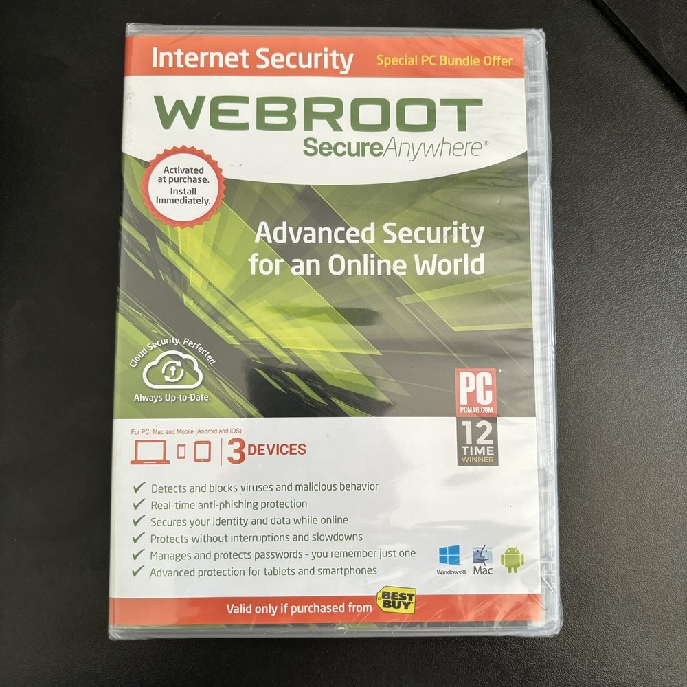 Webroot Secure Anywhere PC/Mac/Mobile Android & iOS-3 Devices Internet Security