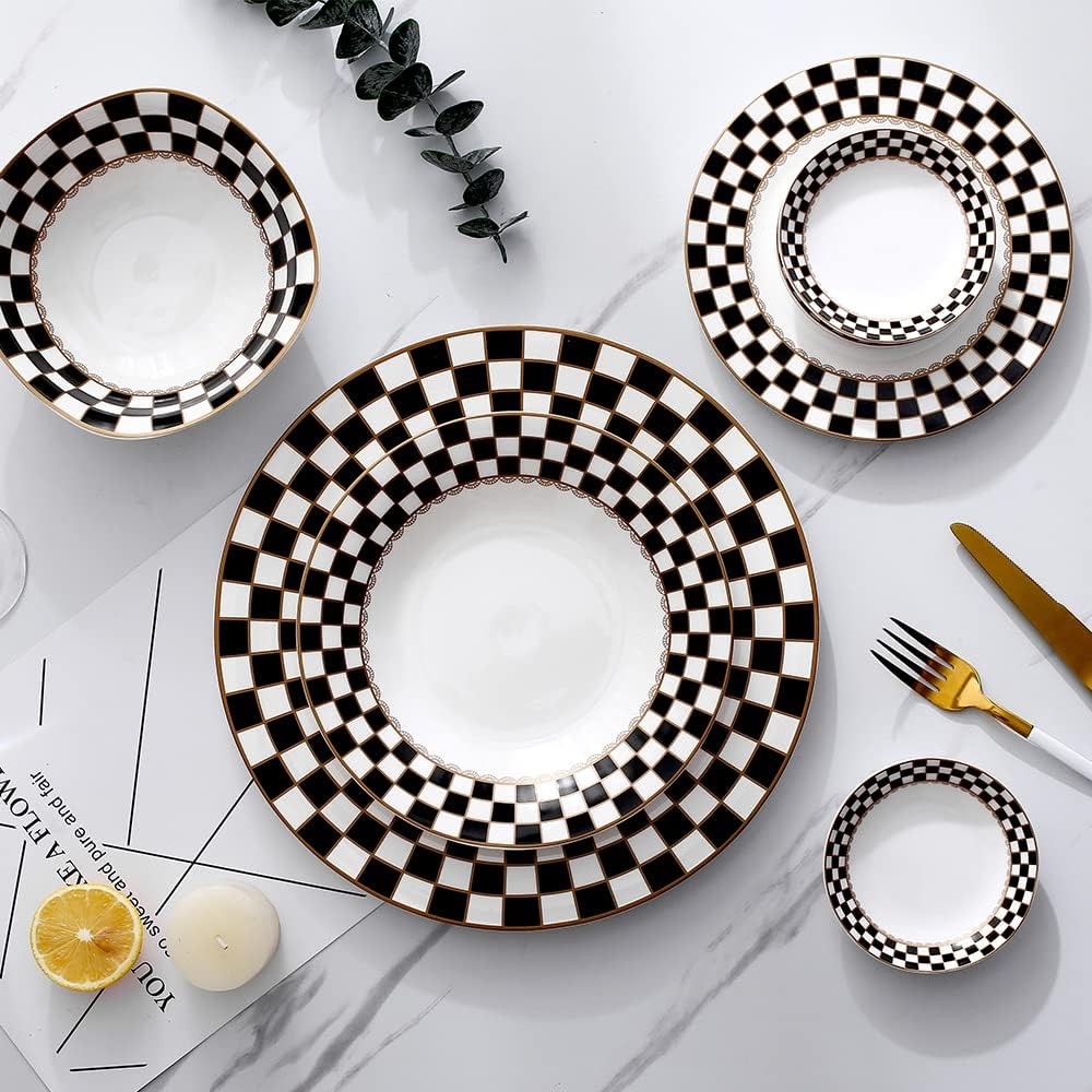 Porlien Checker Pattern 20-piece Round Dinnerware Set for 4, Black/White