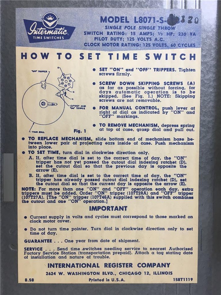 Intermatic Time Switch 158T1119 Model: L8071-A-120