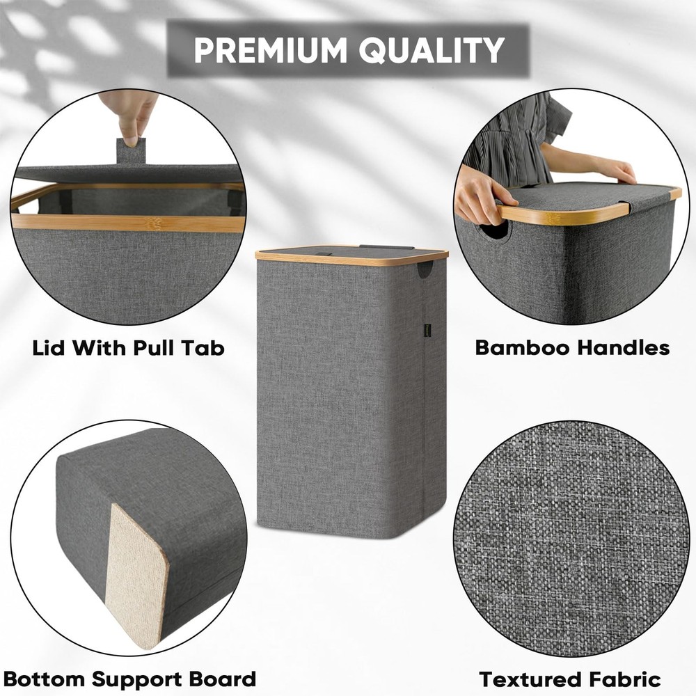 Laundry Hamper with Lid, Tall Laundry Baskets with Bamboo Pull Handles, Large...