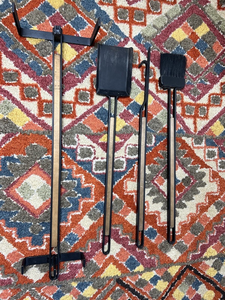 Mid Century Iron & Wood Fireplace Tool Set