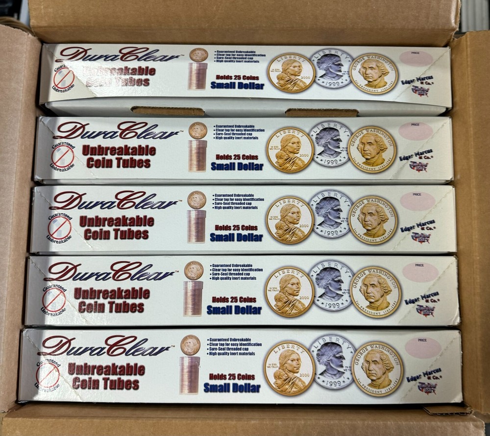 5 EMPTY DuraClear Small Dollar Coin Tube Boxes with inserts - NEW