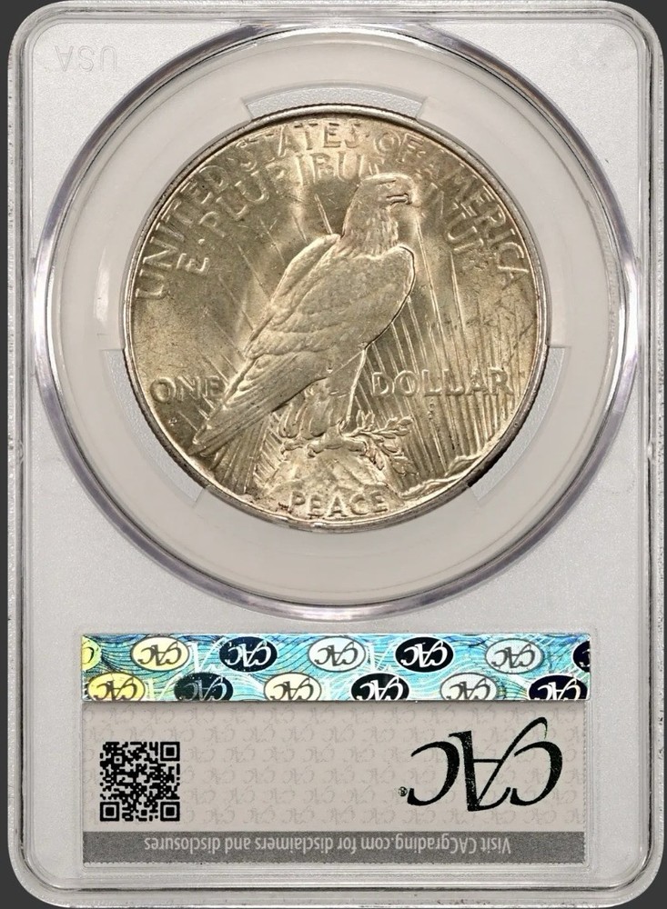 1934 D PEACE SILVER DOLLAR CACG MS62+