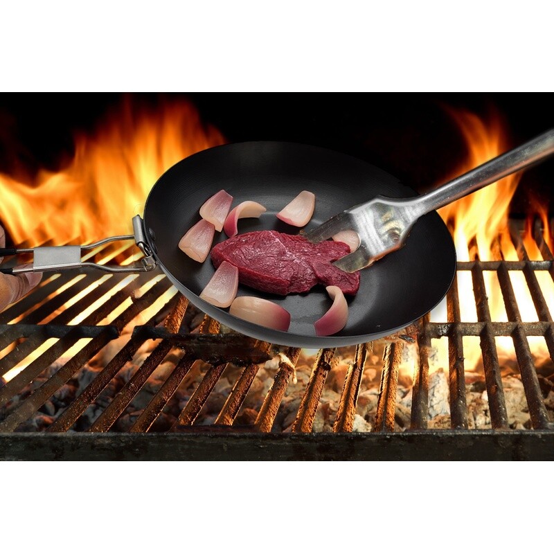Camping Frying Pan Carbon Steel Nonstick Folding Handle Lightweight Durable Tool