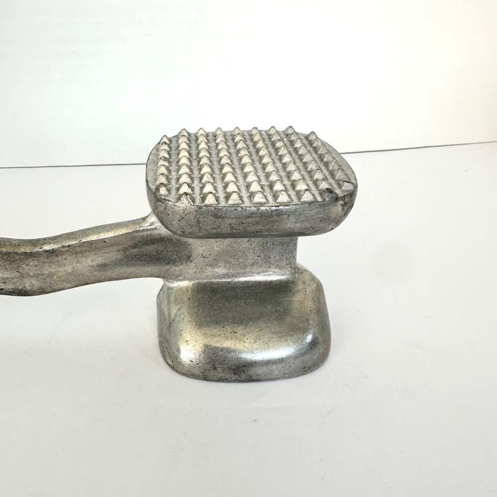 Vintage Silver Metal Two-Sided Meat Tenderizer Spiked Flat Mallet Long Handle