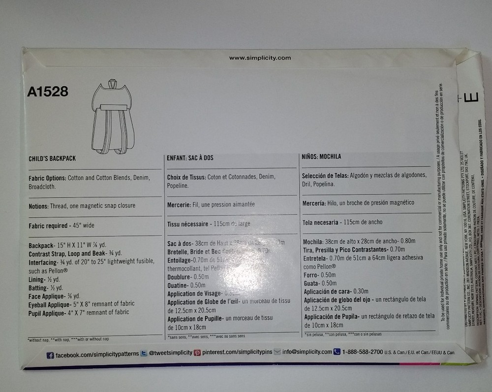 Simplicity 1528 Sew Simple Child's Backpack