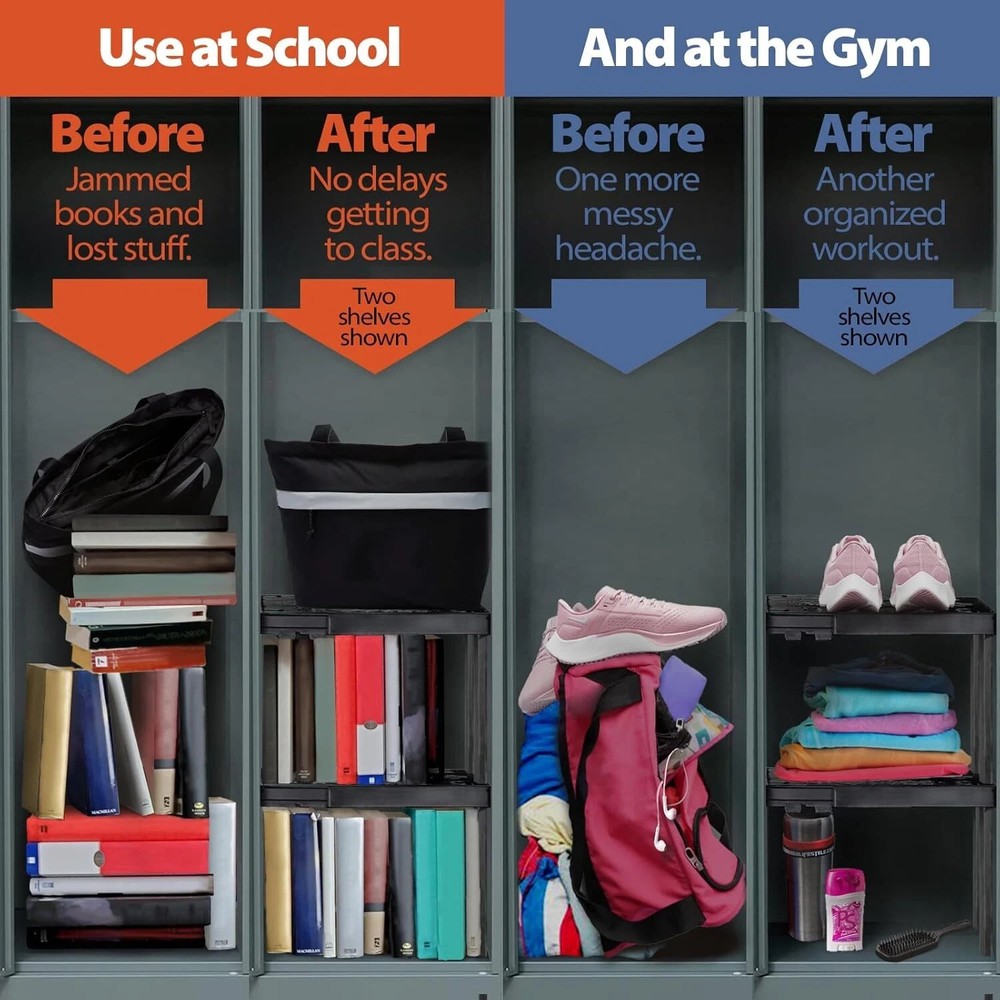 Locker Organizer Shelf， Adjustable Width and Height, Stackable, Ideal Black
