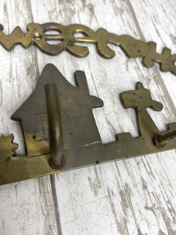 Small Brass House and Tree Key Ring Holder Kitchen Wall Hooks Decor