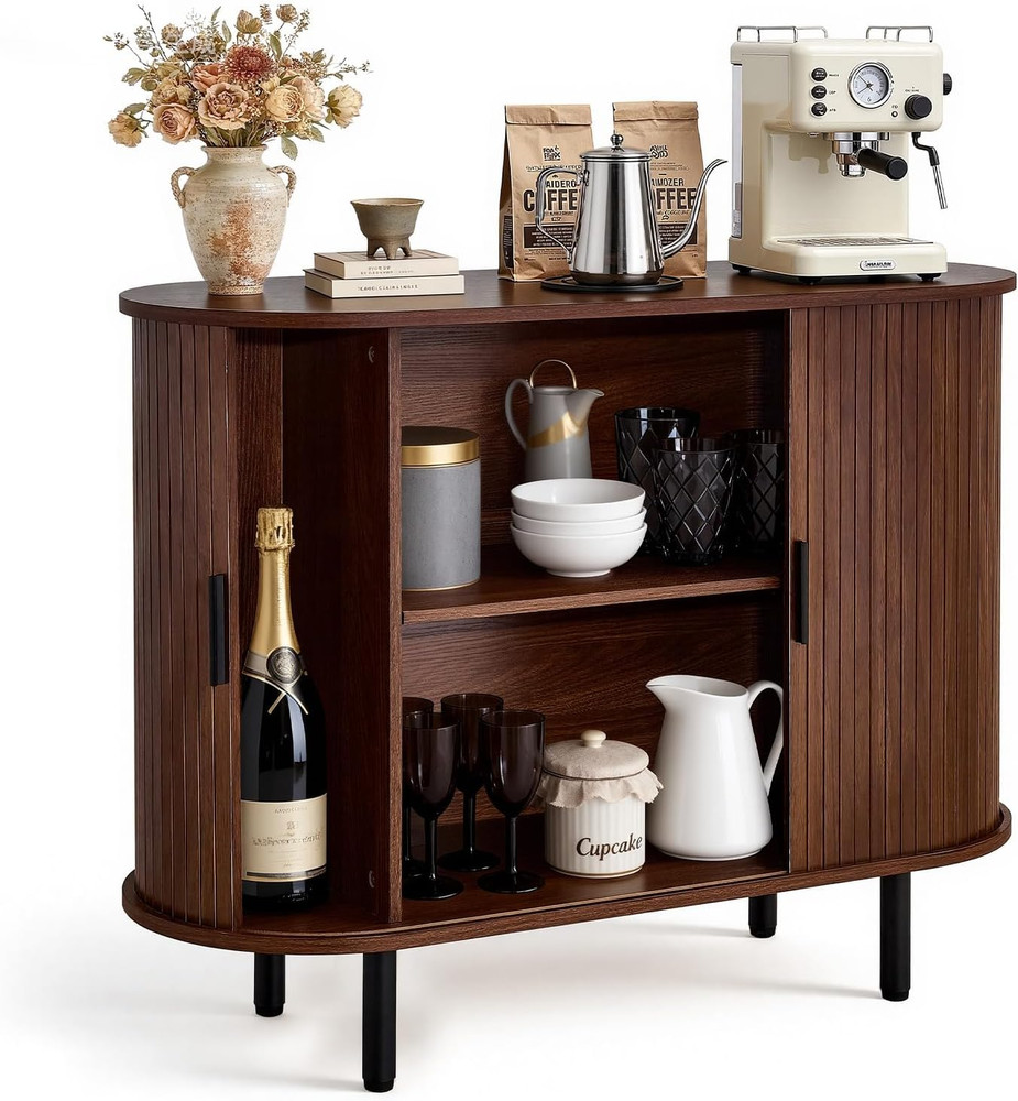 Mid Century  Coffee Bar Cabinet with Storage & Sliding Doors, Walnut