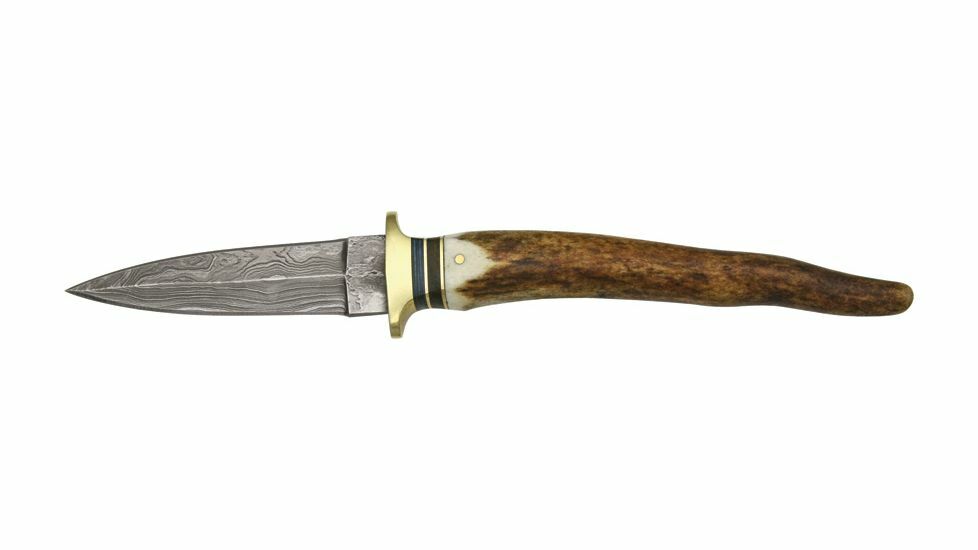 Damascus Boot Fixed Knife 3.25" Damascus Steel Blade Stag Tip / Brass Handle
