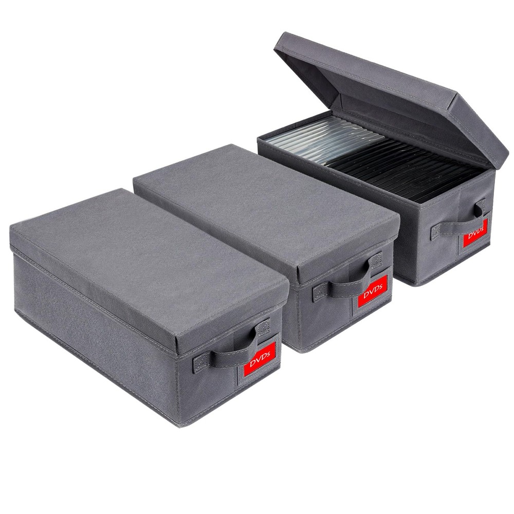 3 Pack DVD Storage Box Stackable Organizer Lid Grey Holds 75 Cases Media