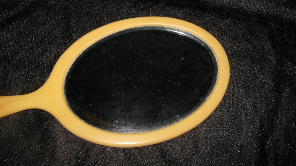 Vintage Celluloid Bakelite Handheld Oval Double sided Vanity Mirror long handle