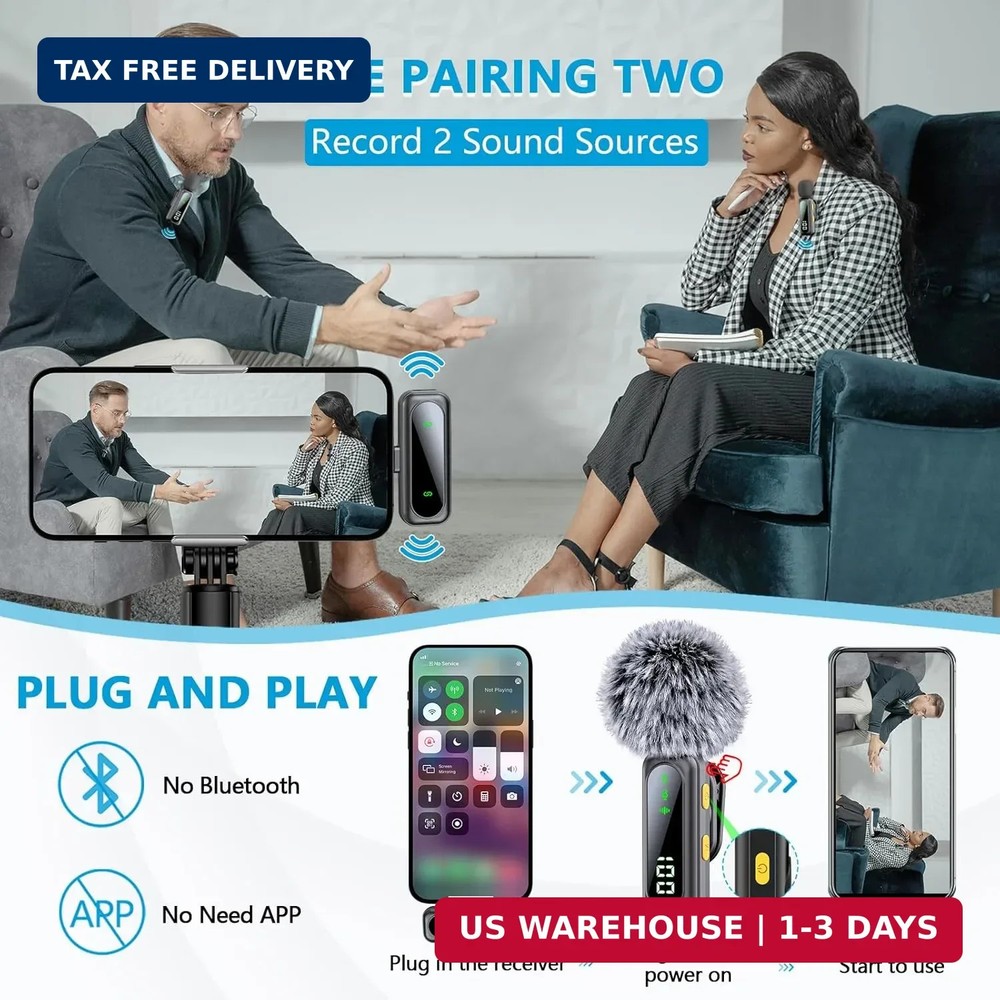 Mini Microphone for iPhone 15 16/iOS/Android Devices, LED Display Wireless Micro