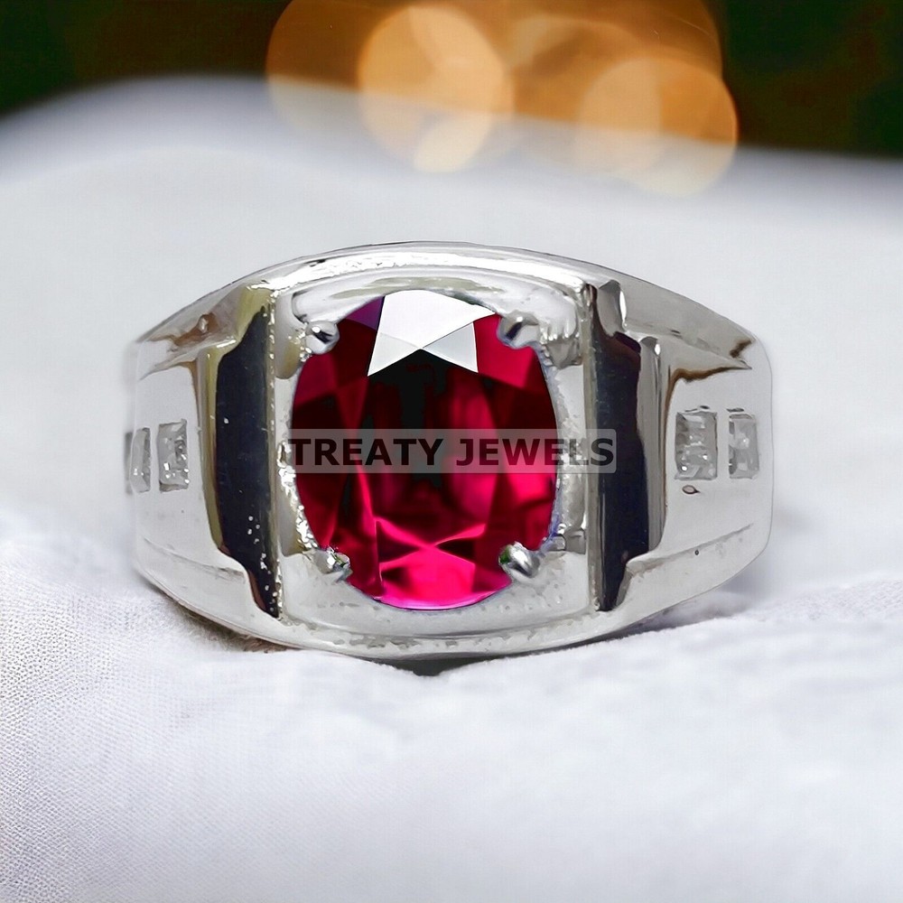 Ruby Oval Cut Gemstone With 14K Solid White Gold Ring For Men's #A35
