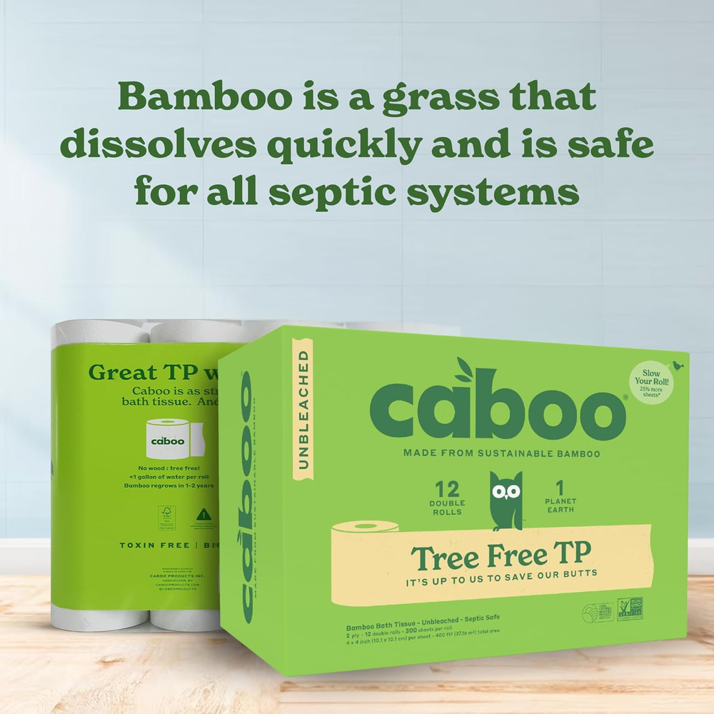 Caboo Tree Free Unbleached Toilet Paper | Plastic Free Packaging, Septic Safe, E