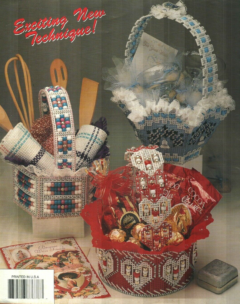 USED BEADED BASKETS 5 UNIQUE DESIGNS ANNIE'S PLASTIC CANVAS PATTERN BOOK